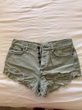 Free People Distressed High-Rise Jean Shorts in Sage